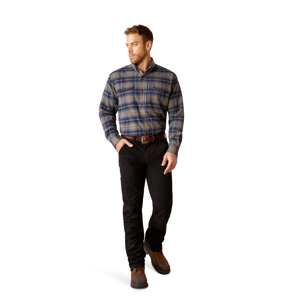 Ariat Men's Rebar Flannel DuraStretch Long Sleeve Work Shirt - Navy & Khaki #colour_navy