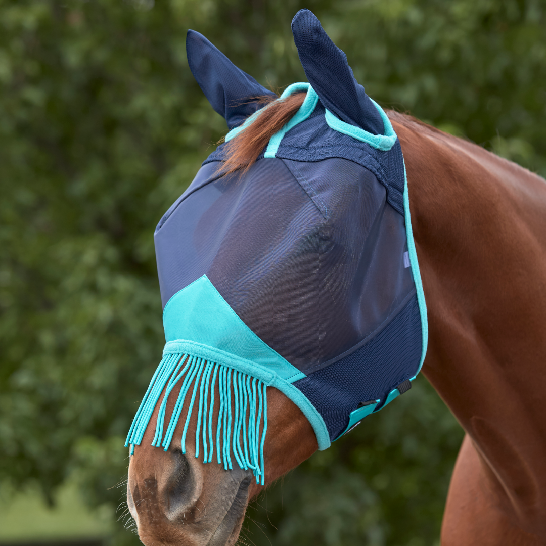 Weatherbeeta ComfiTec Deluxe Fine Mesh Mask With Ears & Tassels #colour_navy-turquoise