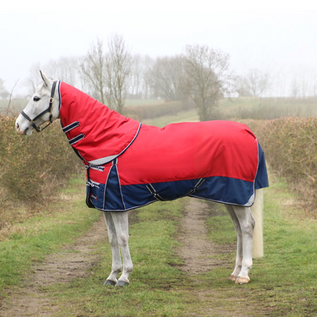 DefenceX System 200g Turnout Rug with Detachable Neck Cover #colour_dark-red-navy-light-grey