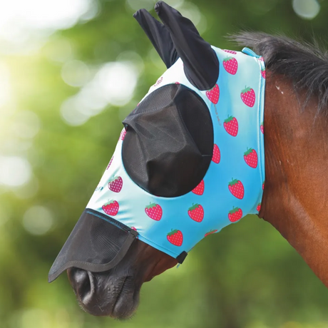 Shires Fruit Print Stretch Fly Mask with Nose #colour_strawberry